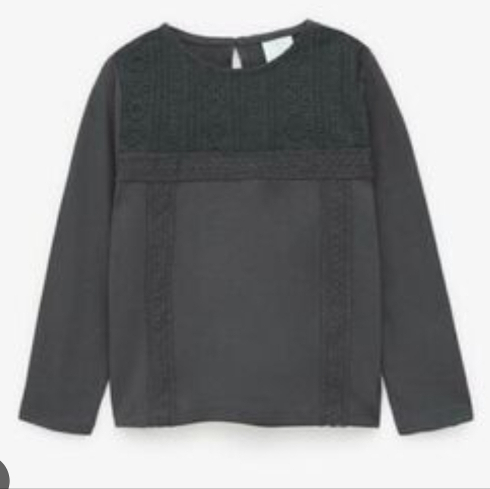 ZARA Girls Embroidered Crochet Daisy Long Sleeve Grey Black Shirt